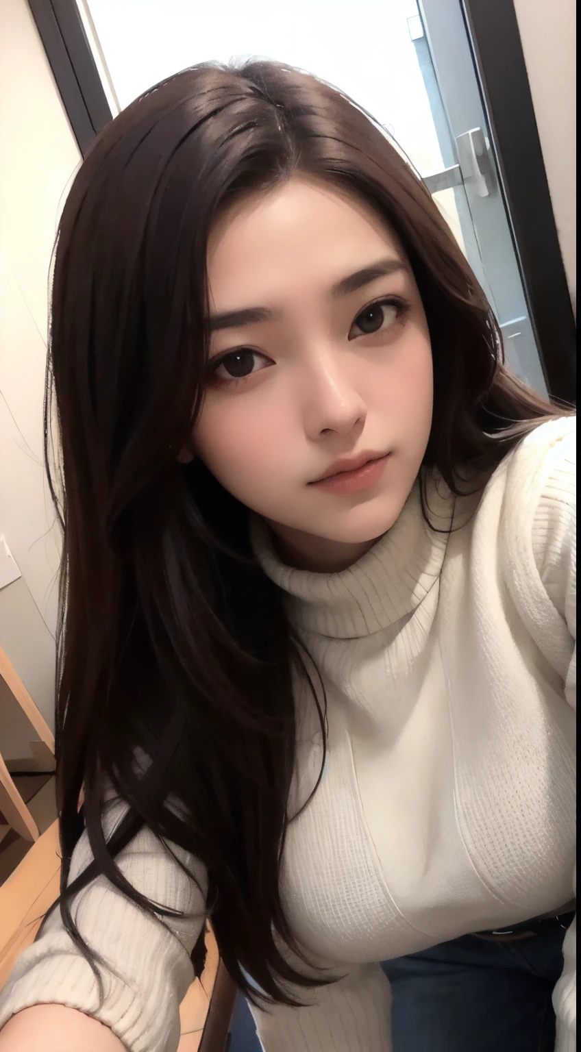 Photorealistic, masutepiece, Best Quality, Raw photo, selfee、1girl in, Solo, Long hair, Brown hair, Detailed face, alluring face, Sweater that kills virgins, medium breasts, Dynamic Pose, Looking at Viewer, From below, Detailed background, fine detailed, intricate detailes,  Ray tracing, depth of fields, lowkey, nffsw