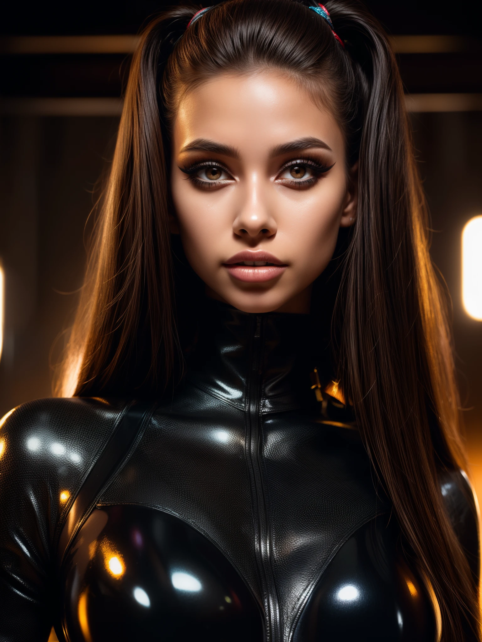 A portrait of a woman (Cristy Ren), (makeup:1.4), amazing body, (fit body:1.2), latex outfit, highly detailed fur, natural skin texture, 4k textures, detailed belly, Highly detailed perfect smooth skin, Lightroom, Intricate, Ultra-Realistic, Out There, (HDR:1.3), UHD, (Intricate Detail, Hyper-Detailed:1.1), Cinematic, Photoreal, (Dark Shot:1.2), Dramatic, High Contrast, (Warm Color:1.1) , muted colors, master piece, elegant, sharp focus,