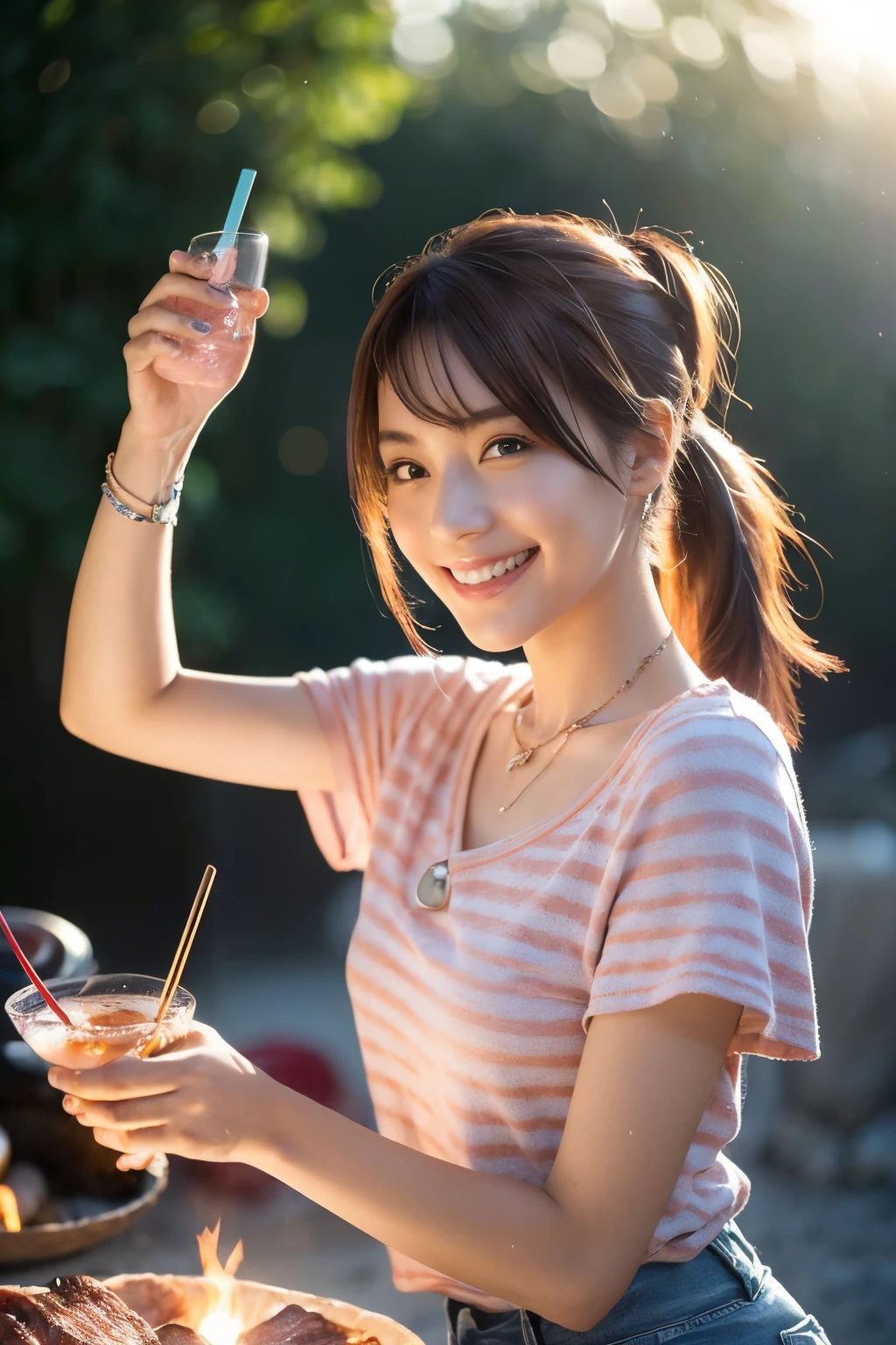 (masutepiece,Best Quality,hight resolution,Realistic,Portrait photos,), (Solo Beauty Idol Girl,),(Light brown and pink striped hair,poneyTail,hair pin,),Happy smiling face、Girl enjoying barbecue on beautiful riverbed,(Roast the meat on a strong fire with a drink in one hand:1.3),Loose T-shirt.mid-riff peak,shortpants,Necklace,Piercing,Beautiful hands,Beautiful fingers,
(Looking at Viewer,),(sun beam, Backlighting,)(Full body shot,),