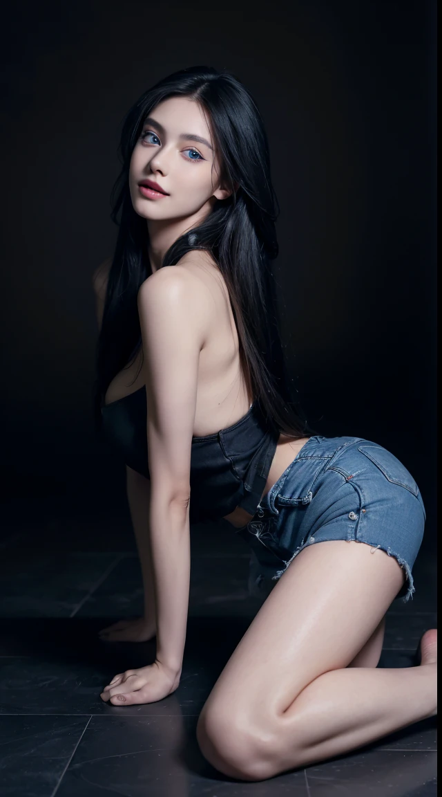 8K, Top Quality, Intricate Details, Ultra Detail, Ultra High Resolution, Masterpiece, close up shot, (full body: 1.1), Slender, Smile, (Makeup: 0.4), (Fluffy Blue Eyes: 1.21), blue Eyes, ((full body)), 1girl, solo, 1 girl, (( full body)), close up shot, , ((tall)), (((fit body))), (((slim face))), sharp face, sharp eyes, (( black hair, long hair, random hairstyle )) , (detailed face), sharp face, small lips,
((sexy black denim)), detailed face, detailed breast, , large breast, detail ass, , Beautiful girl with accentuated slender abs: 1.4, Six Pack Abs: 1.4, Bust Botox, Big, Perfect Body, detail leg, (( dark background)), black background,