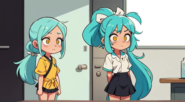 light turquoise hair, medical gown, Her hair is tied in two ponytails , Black bow on the head, blackskirt, Yellow eyes, shy girl