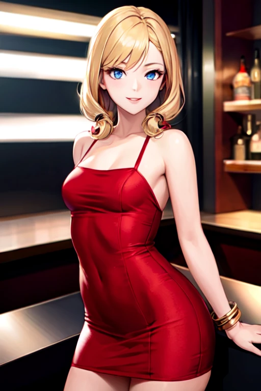 ((best quality)), ((masterpiece)), (detailed), Panty Anarchy, blonde hair, blue eyes, smile, bare shoulder, bare arms, little red dress, short red dress, golden bracelets, sexy poses, bar background.