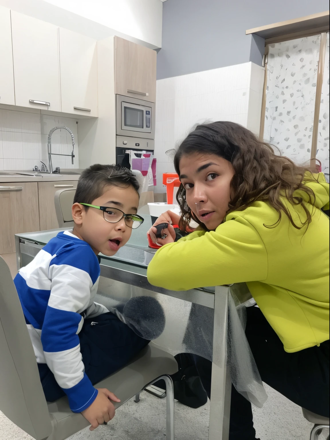 there is a woman and a child sitting at a table, very very low quality picture, they are very serious, it is visibly angry at the tv, in the kitchen, foto realista, by Nándor Katona, by Fede Galizia, fotografia, by Glòria Muñoz, in a kitchen, looking at monitor
