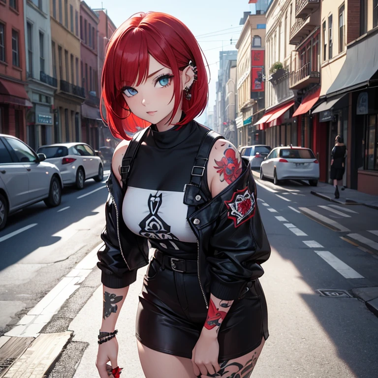 Young female, chubby body, Red hair in a shoulder length bob, blue eyes, beautiful, piercings, street punk style clothes, full tattoo sleeves