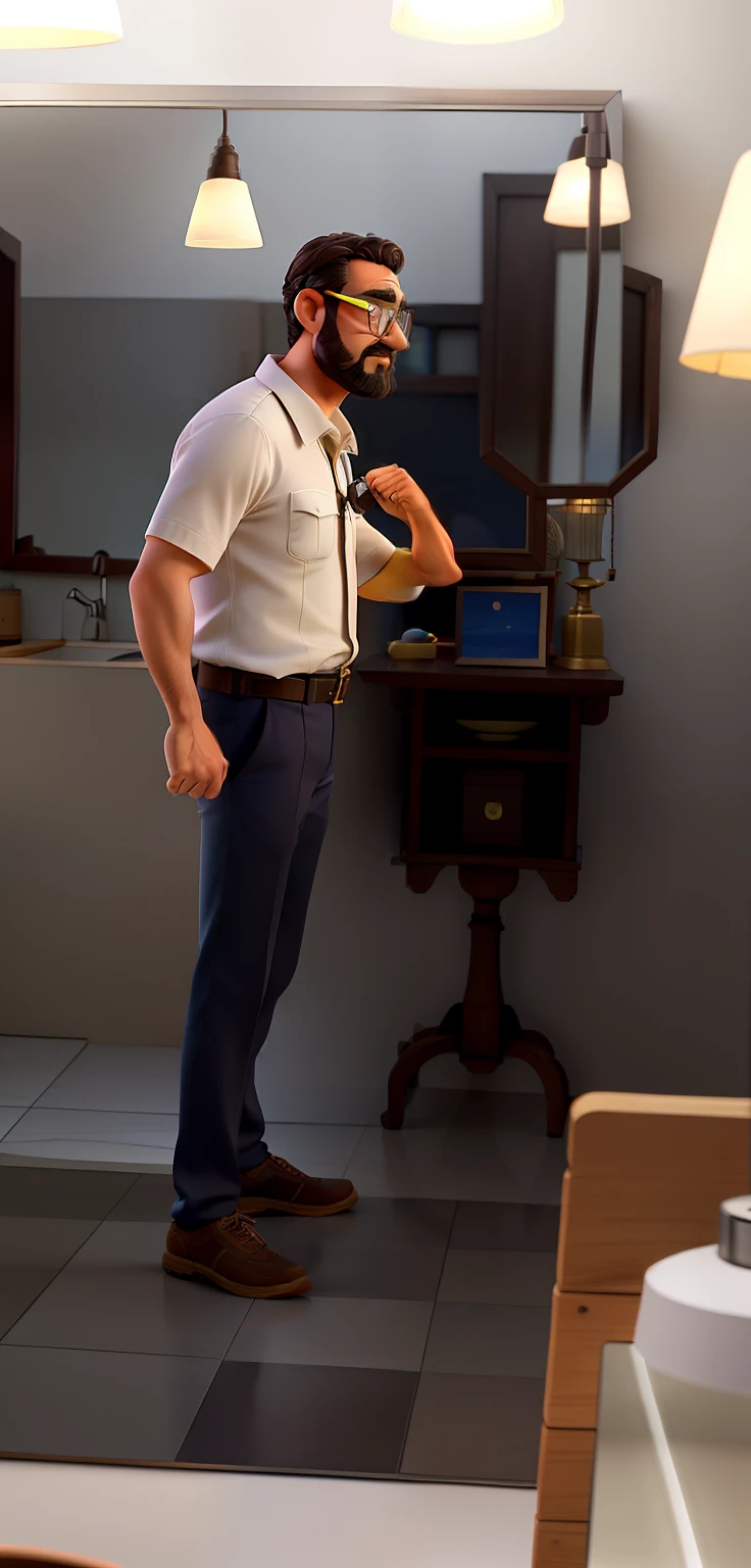 um homem de 40 anos, sem cabelo, Sem barba, wearing goggles, cor da pele escura, strong and handsome wise man in front of a mirror illuminated by the light of a lamp, contra o pano de fundo de