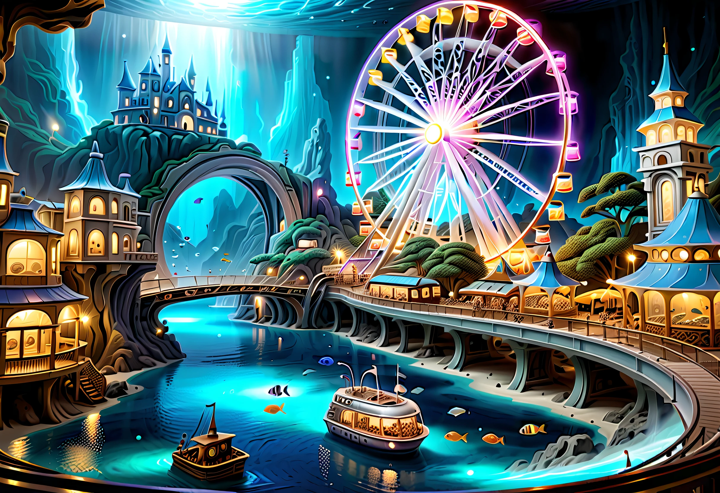 ((32k UHD, high detail, 16k HDR cinematic art)) very detailed gouache painting, (((deep sea futuristic_theme_A park integrated with an aquarium with extremely detailed gouache illustrations:1.4))), (((futuristic intricate details_underwater futuristic_SF_roller_coaster and ferris wheel_Wheel:1.4))), (((See breathtaking pop spectacles_color jellyfish street_light:1.3))), Its fantastic brilliance is captured in amazing detail.、Brought to life with unparalleled skill and craftsmanship。. Intricate details and textures in silver and gold metallics, Adorable expression, (((A true masterpiece of the highest quality:1.4))), Cool and cute, enjoy sculpture, Showcasing the artist&#39;s skillful brushwork. The artist&#39;s skillful brushwork was demonstrated, Intricate details, complex brush strokes, insane handwriting, Fine brushstrokes, (((High quality with high transparency:1.3))), (((highest quality render:1.3))), (((Everything comes into sharp focus:1.3))), Images that exude an otherworldly aura, (((Great addition digital painting:1.3))), (((Radiosity rendered in astonishing 32K resolution:1.4))), Highest Quality, hightquality, Highest Quality Masterpiece, Visually appealing and appealing images, Best possible quality, Everything in focus is sharp, extravagant wishes, The contour lines created give off an amazingly beautiful shine., breathtakingly complex and elaborate, Imagine a visually striking illustration, (((Intricate details effortlessly blend fantasy and reality:1.5))), studio style photography, film grain sharp "style Fujifilm XT3"