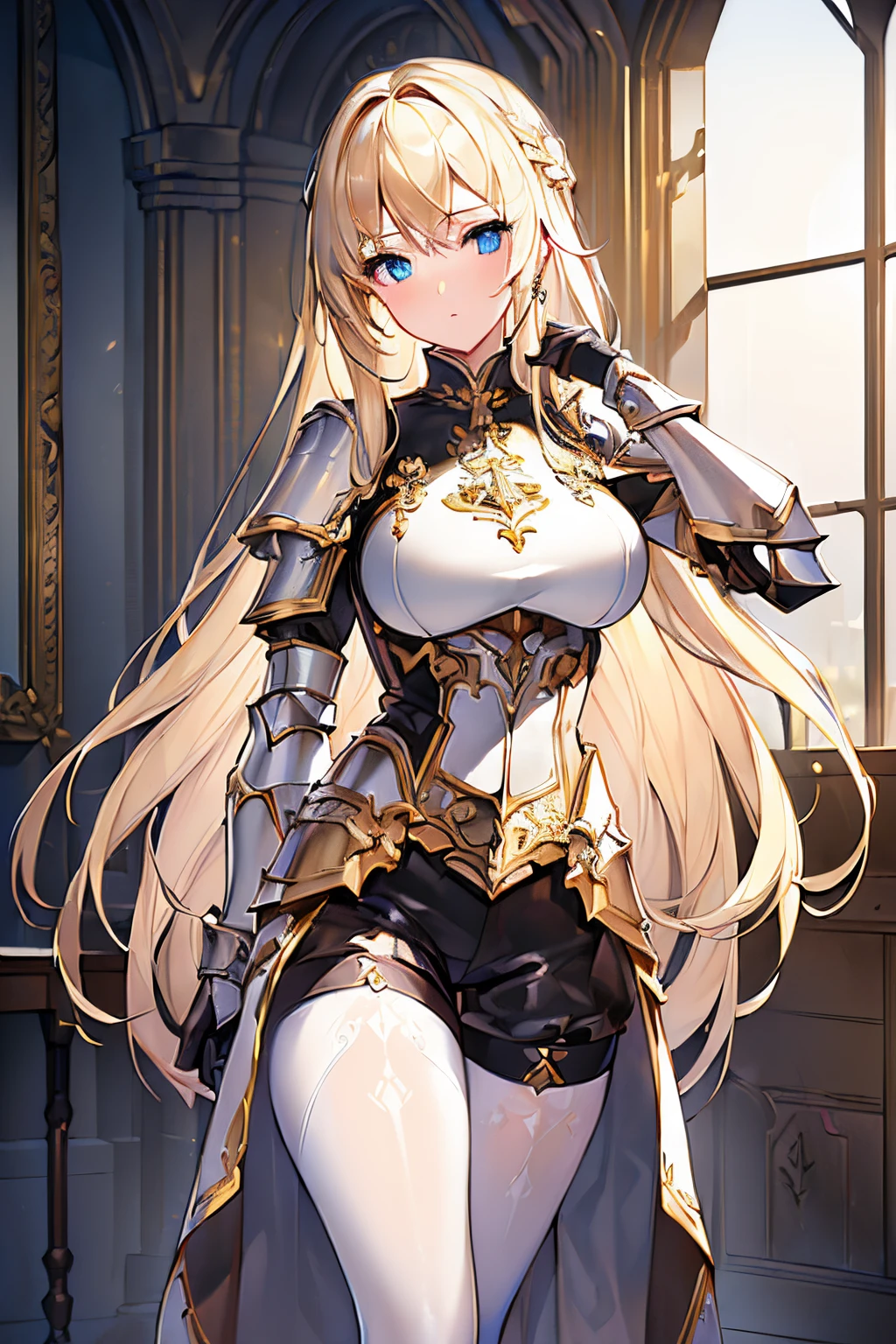 (((masterpiece))), (((best quality))), ((ultra-detailed)), (cinematic lighting), (illustration), (beautiful detailed eyes), (1girl), full body, space, knight, armour, light hair, walking, ruins, best quality, expressive eyes, perfect face, Girl: (blonde hair, long hair, black shorts, white pantyhose, white and gold armour, black gloves),