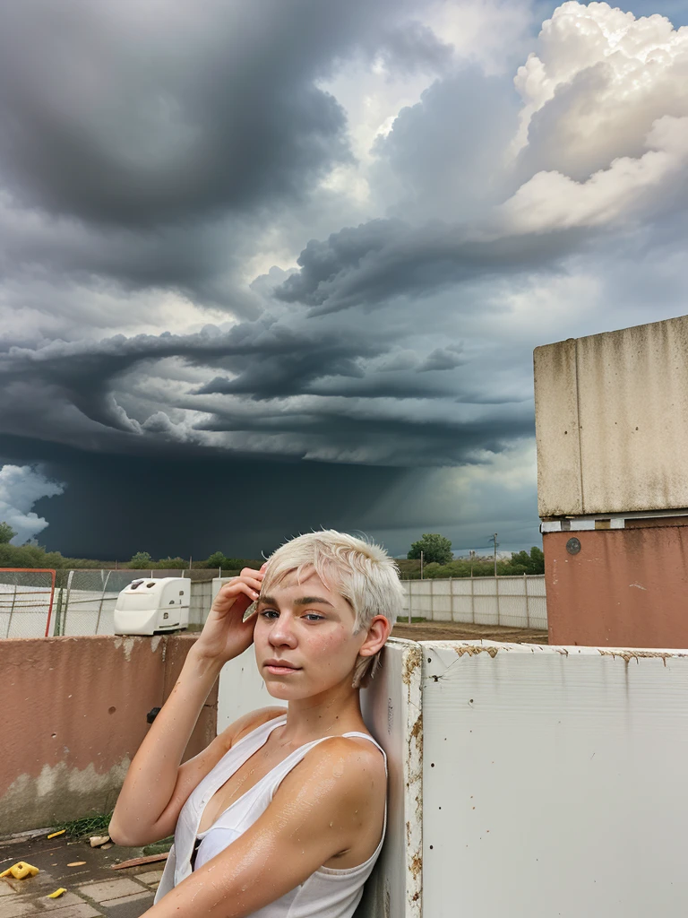 23-year-old girl with very short white hair, naked, wet from the rain, green eyes, eye contact, next to a white and ocher dog, sitting on construction debris, between a red wall and a white gate. /in the sky there is a big storm cloud, cloudy sky.
