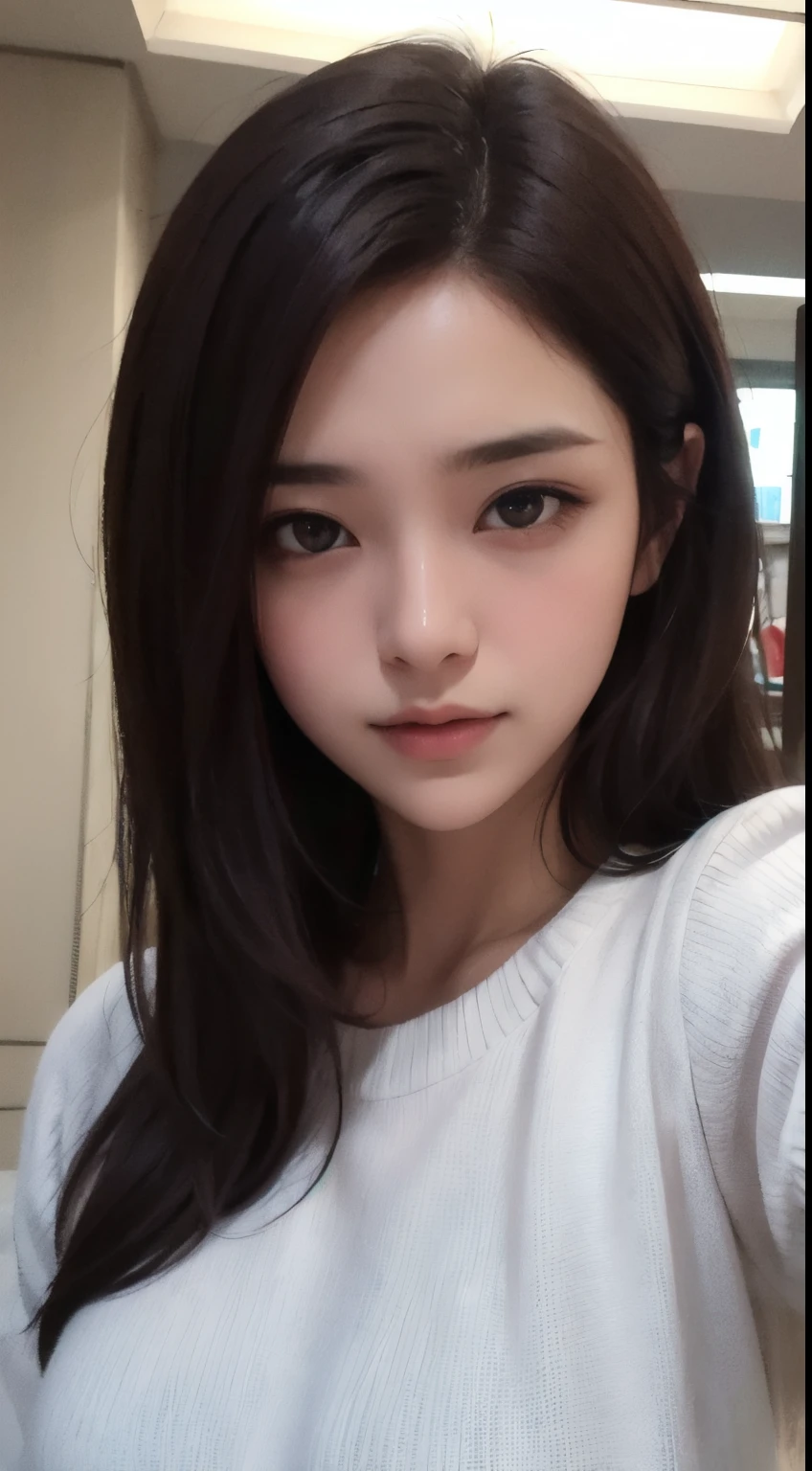 Photorealistic, masutepiece, Best Quality, Raw photo, selfee、1girl in, Solo, Long hair, Brown hair, Detailed face, alluring face, Sweater that kills virgins, medium breasts, Dynamic Pose, Looking at Viewer, From below, Detailed background, fine detailed, intricate detailes, Ray tracing, depth of fields, lowkey, nffsw
