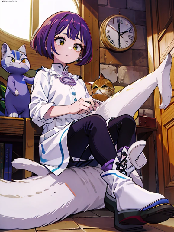 uma garotinha, short hair, cabelo roxo, Orelhas de gato roxo pequeno, Uma cauda de gato roxa, blusa branca, Blaiser Rough, saia verde escura, meias brancas longas, sapatos marrons, Estilo Amine