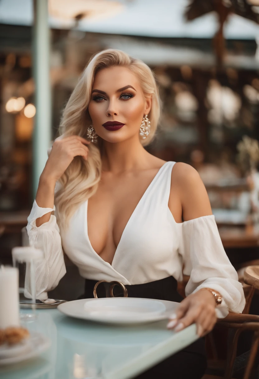 A photo of herself at a trendy brunch spot,original,Tall bleach blonde woman, loads of makeup, huge boob job, bbl, female