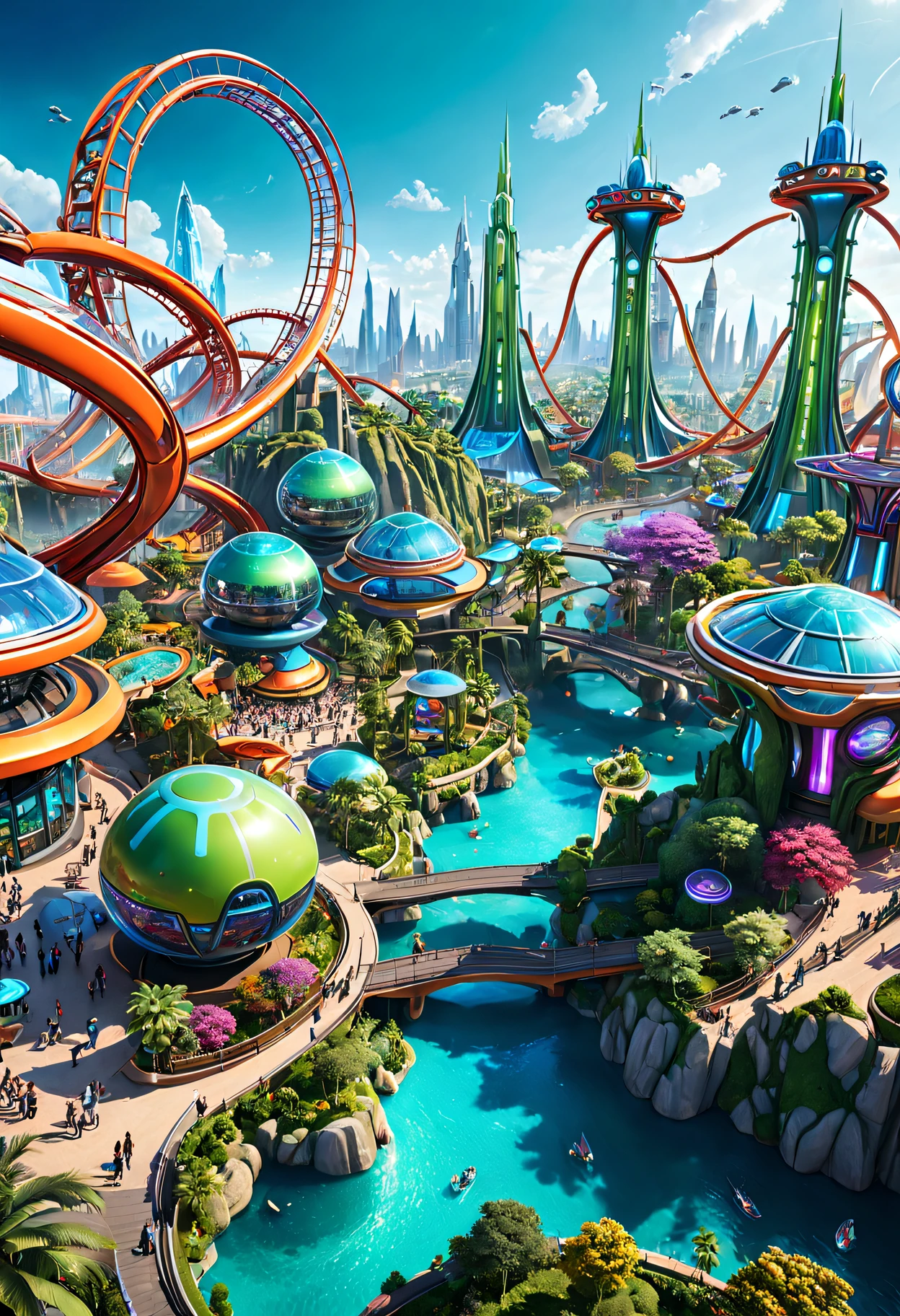 "(Best quality,ultra - detailed,actual:1.37),Dinosaur theme park entrance,impressive door,Towering gates,Detailed dinosaur carving,Realistic dinosaur sculptures,A Tyrannosaurus rex statue guards the entrance,Open your mouth to welcome visitors,Dense vegetation surrounds the entrance,The scenery in the background is mesmerizing,Vibrant and lush greenery,An ancient tree with long branches and wide leaves,Soft sunlight filtering through the trees,Casts beautiful shadows on the ground,Illustrations drawn by professional concept artists,Photorealistic rendering,majestic man,A majestic,Detailed texture of door,Metallic luster that reflects sunlight,Life-size dinosaur footprints leading to the entrance,Enhance sense of adventure,prehistoric atmosphere,The road leading to the gate is well maintained,Floral decorations and colorful plants lining the road,Prominent signage with park name and logo,Attractive colors and artistic design,Perimeter fence with wires,Stay safe,Tourists excitedly waiting to enter,Happy family and curious children,Tourists take unforgettable photos at the entrance,Visitors are in awe of the grandeur and scale of the entrance,The sounds of nature and the distant roar of dinosaurs create an inviting atmosphere,Create an immersive experience for visitors,Welcome to Jurassic Park!"