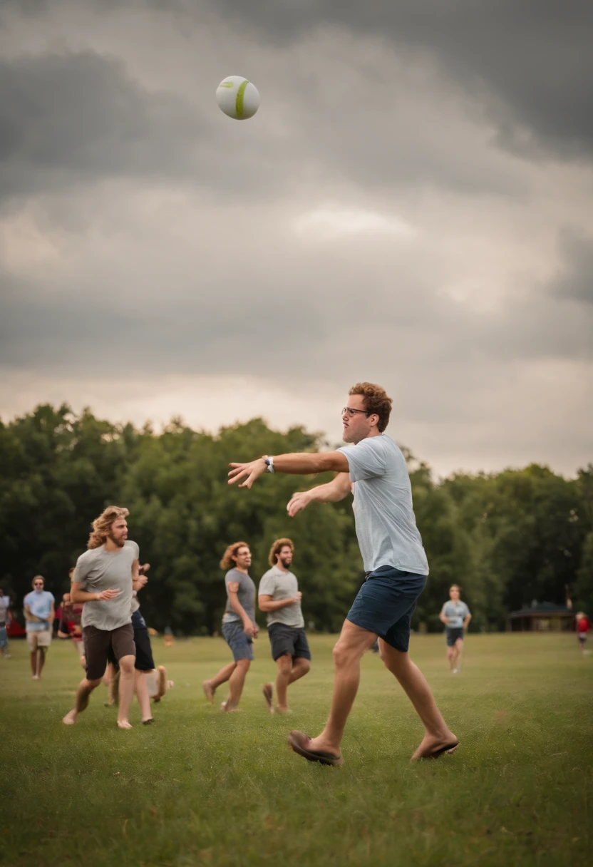 A fun shot of Greg leading a group of people in a game of ultimate frisbee in a grassy park,original,greg is 6 foot, white, short curly brown hair, round glasses, slightly narrow face. 7/10 handsome. Well put together., male