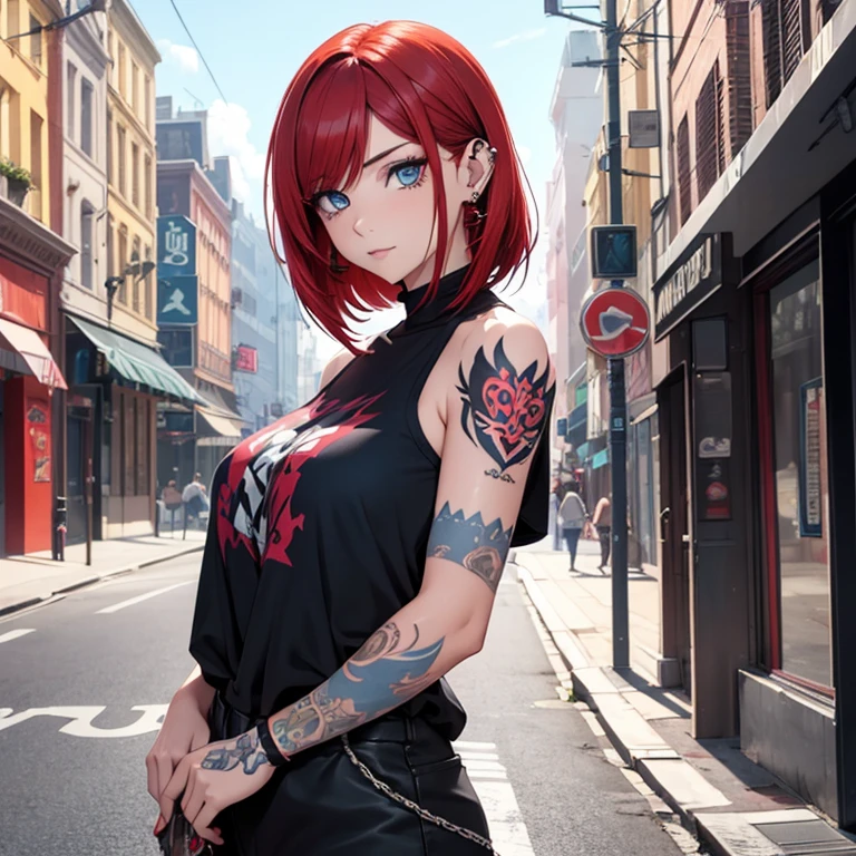 Young female, chubby body, Red hair in a shoulder length bob, blue eyes, beautiful, piercings, street punk style clothes, full tattoo sleeves