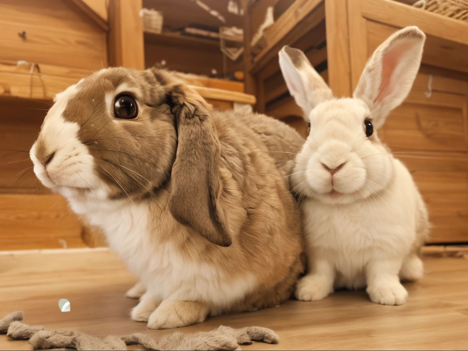 there are two rabbits sitting next to each other on the floor, bunnies, rabbits, rabbit_bunny, with long floppy rabbit ears, drooping rabbity ears, floppy ears, it's very huge, very very happy!, with big rabbit ears, rottweiler rabbit hybrid, rabbit ears, long pointy ears, large ears, fluffy ears and a long
