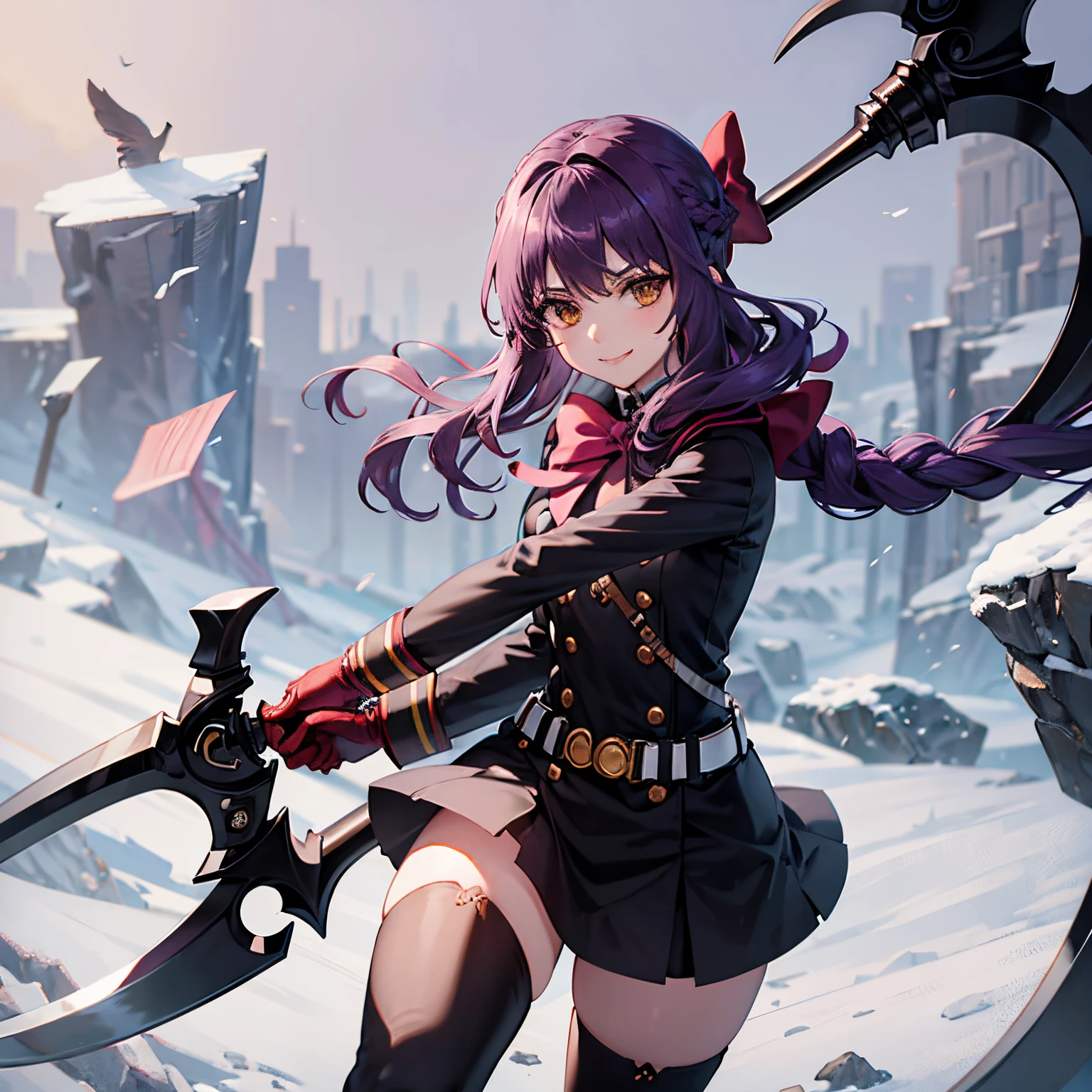 1girl, belt, boots, bow, braid, brown eyes, gloves, hair bow, holding, holding weapon, knee boots, long hair, looking at viewer, purple hair, red bow, ribbon, scythe, smile, solo, standing, sword, thighhighs, uniform, weapon