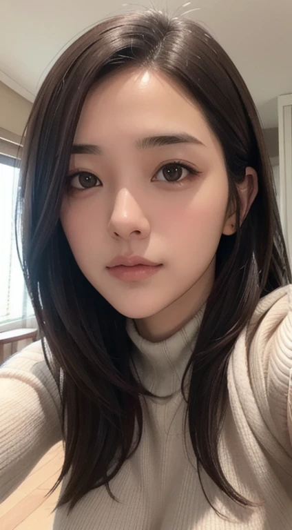 Photorealistic, masutepiece, Best Quality, Raw photo, selfee、1girl in, Solo, Long hair, Brown hair, Detailed face, alluring face, Sweater that s virgins, medium breasts, Dynamic Pose, Looking at Viewer, From below, Detailed background, fine detailed, intricate detailes, Ray tracing, depth of fields, lowkey, nffsw