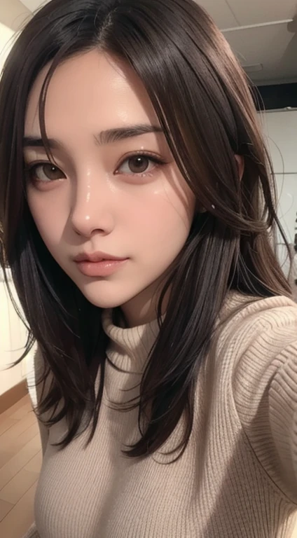Photorealistic, masutepiece, Best Quality, Raw photo, selfee、1girl in, Solo, Long hair, Brown hair, Detailed face, alluring face, Sweater that kills virgins, medium breasts, Dynamic Pose, Looking at Viewer, From below, Detailed background, fine detailed, intricate detailes, Ray tracing, depth of fields, lowkey, nffsw