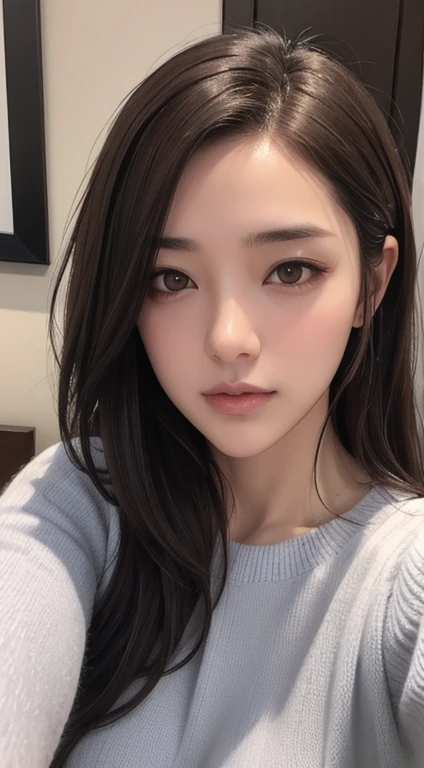 Photorealistic, masutepiece, Best Quality, Raw photo, selfee、1girl in, Solo, Long hair, Brown hair, Detailed face, alluring face, Sweater that kills virgins, medium breasts, Dynamic Pose, Looking at Viewer, From below, Detailed background, fine detailed, intricate detailes,  Ray tracing, depth of fields, lowkey, nffsw