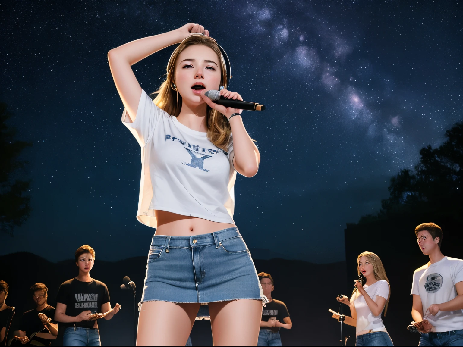 top quality 32k raw photo of 18-year-old Emily VanCamp wearing white T shirt and jeans skirt and headphone. navel look. she is on the stage dancing. night. starry sky.