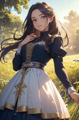 uma mulher bonita, (((1 girl, sozinho, Executando, (Campo de trigo), Virada, olhos azuis, vestido azul longo, middle ages, Traje medieval, Long-sleeved sunset, light from behind, sombra na figura, sorrir, riso, (blue skies), Contra o pano de fundo do trigo, Standing in the distance, Looking at the Viewer, Comprimento total
, elegance under the sun, movimento de movimento, imagem parece viva))), ((figura corporal perfeita, beautiful face, beautiful face, MILF, 46 anos, real, cabelo preto brilhante, estilo de cabelo rabo de cavalo, pele bonita, Cabelo extremamente detalhado, detalhes finos)), (((Cinematic lighting, beautiful lighting effect, design criativo, quadro de corpo inteiro, Aura divina, difficult harmony , luz brilhante, seamless color transition, perfect balance of contrast, camada de cor perfeita, Desfoque de cor perfeitamente suave, smooth rendering, soft color stroke, brilho da lua, optical lens, raio de luar, cores suaves, mistura de cores suaves, perfect color rendering, harmonia, perfeita harmonia de cores, cor bonita, harmonia suave, light particles, detalhes perfeitos, detalhes intrincados, prisma de cor, detalhes finos, Refinar detalhes, detalhes intrincados da armadura, armadura fina, textura lisa de roupas))), Tachibana Omina estilo de arte, Olhos Carinhosos, meio sorriso, boca ligeiramente aberta, a soft expression on his face, serene grassland scenery under the sun, grama flutuando ao redor, calmo, brisa e luz solar ao fundo, Butterflies in the sky, realismo, ((best quality))),8k,((master part)),(Extremamente refinado e bonito)