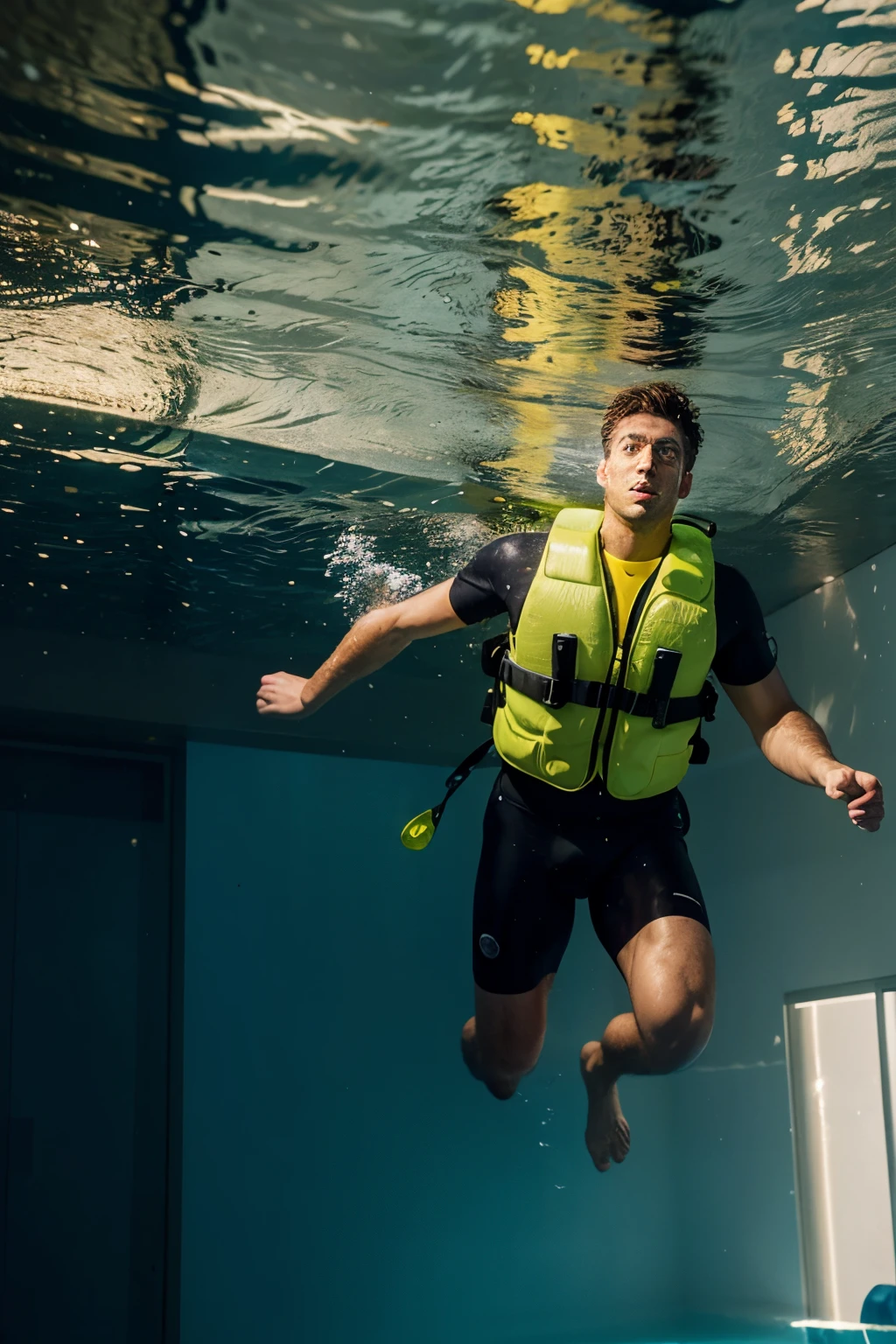 a man wearing a yellow rescue vest swimming underwater in an apartment, apartment underwater, hyper realistic