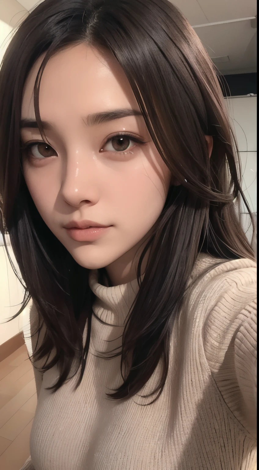 Photorealistic, masutepiece, Best Quality, Raw photo, selfee、1girl in, Solo, Long hair, Brown hair, Detailed face, alluring face, Sweater that kills virgins, medium breasts, Dynamic Pose, Looking at Viewer, From below, Detailed background, fine detailed, intricate detailes, Ray tracing, depth of fields, lowkey, nffsw