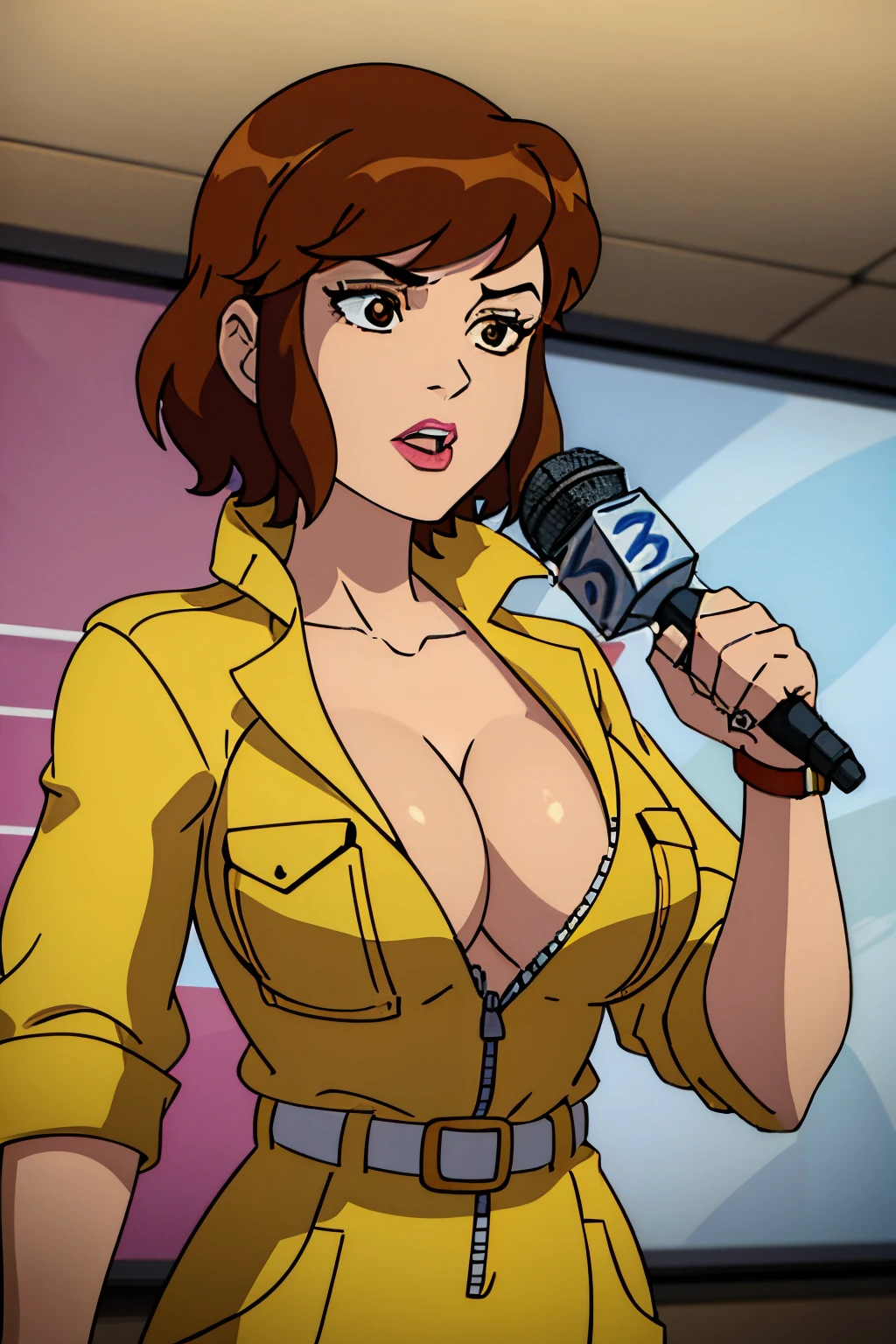 (masterpiece:1.2, best quality:1.2, beautiful, high quality, highres:1.1, aesthetic), detailed, extremely detailed,
1girl, solo,CARTOON_April_ONeil_TMNT_ownwaifu, www.ownwaifu.com,
brown hair, short hair, breasts, brown eyes, huge breasts, lips, holding microphone, makeup, collarbone, lipstick,
cleavage, sleeves rolled up, yellow jumpsuit, watch, unzipped, zipper, white belt,ben10