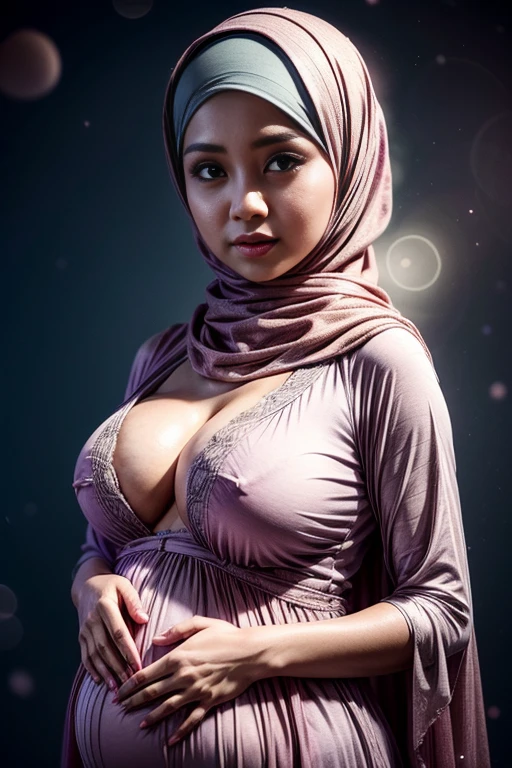 1 malay girl pregnant 9 month modern plain hijab, shy, medium portrait shot , watery eyes , big eyes, pink glowing particles, wearing baju kebaya pastel light lilac, (( big breast)), lilac light bokeh background, proportional body,full body