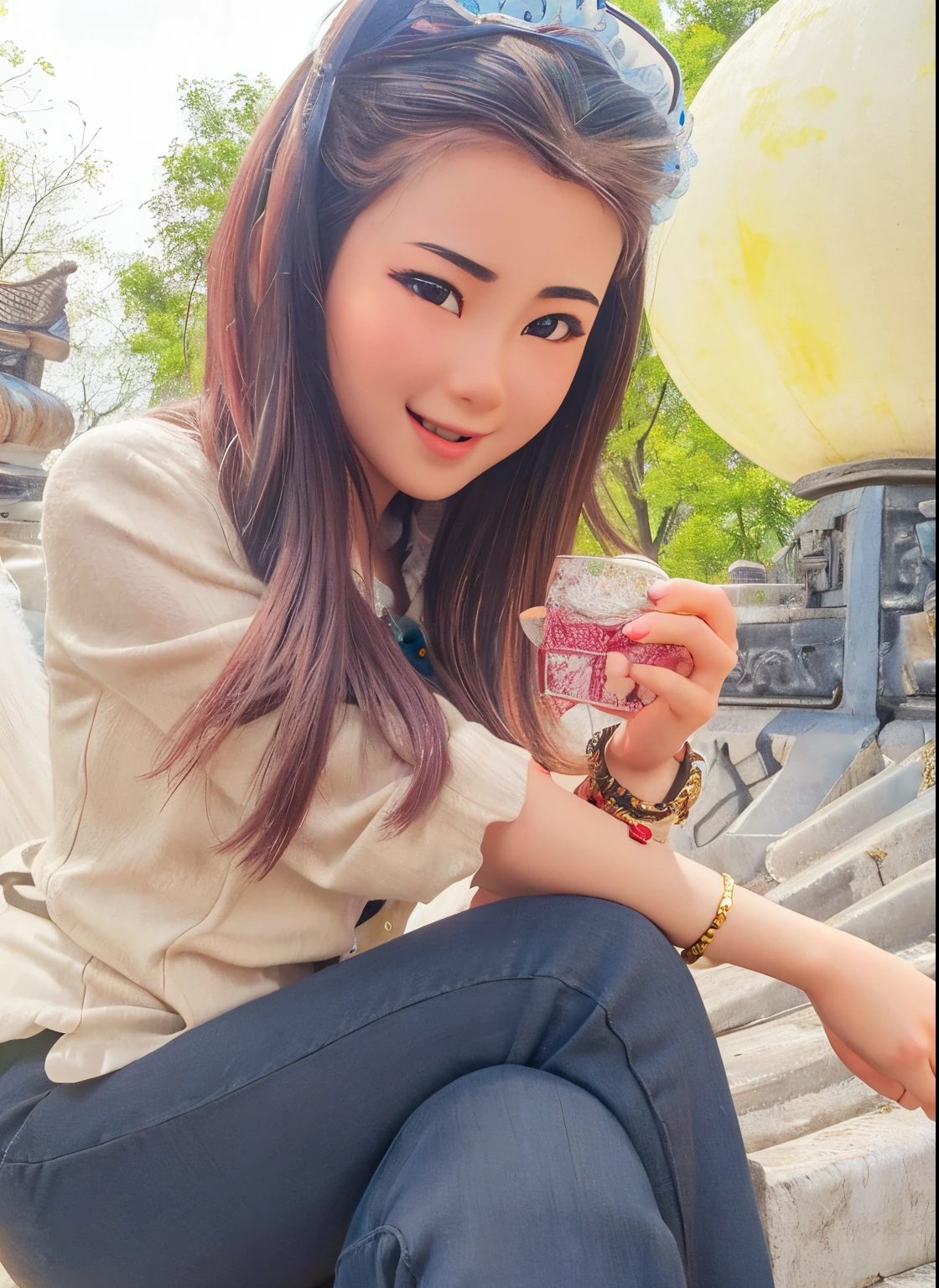 Uma jovem mulher chinesa sentada com um linda sorriso, alta resolução, melhor qualidade