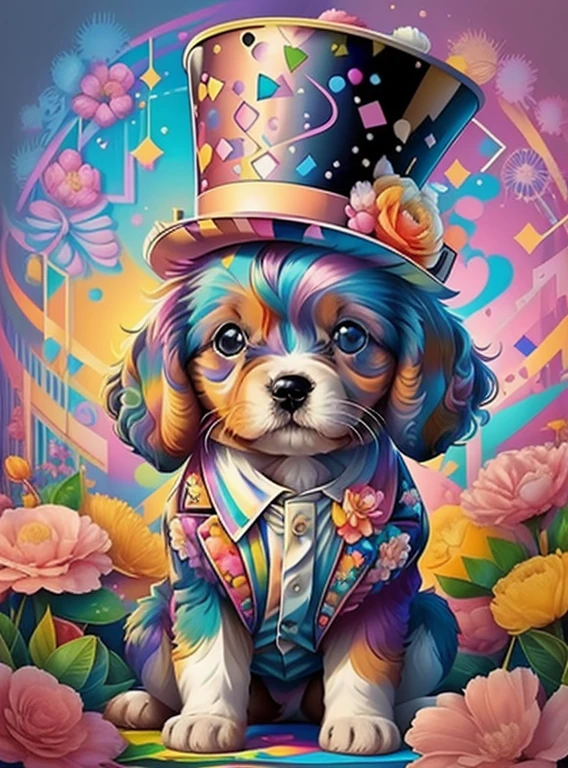 (cute baby puppy with pink top hat with flowers),(melhor pose),(best angle), (better expression), Eduardo Kobra acolchoamento ,multidimensional geometric wall PORTRAIT, arte, Chibi,
Yang08k, lindo, Colouring,
Primary works, qualidade superior, melhor qualidade, Arte Oficial, Beautiful and Aesthetic, pelos coloridos,