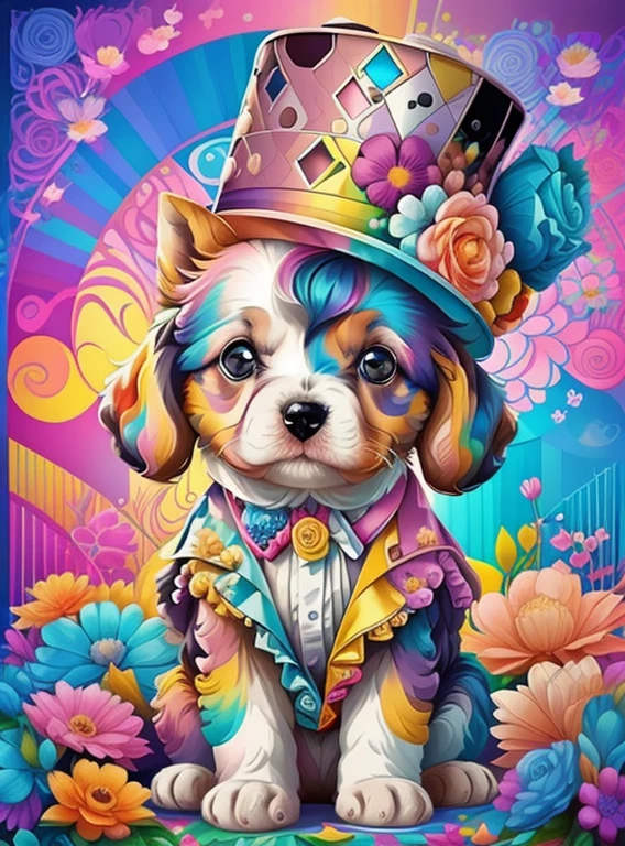 (cute baby puppy with pink top hat with flowers),(melhor pose),(best angle), (better expression), Eduardo Kobra acolchoamento ,multidimensional geometric wall PORTRAIT, arte, Chibi,
Yang08k, lindo, Colouring,
Primary works, qualidade superior, melhor qualidade, Arte Oficial, Beautiful and Aesthetic, pelos coloridos,