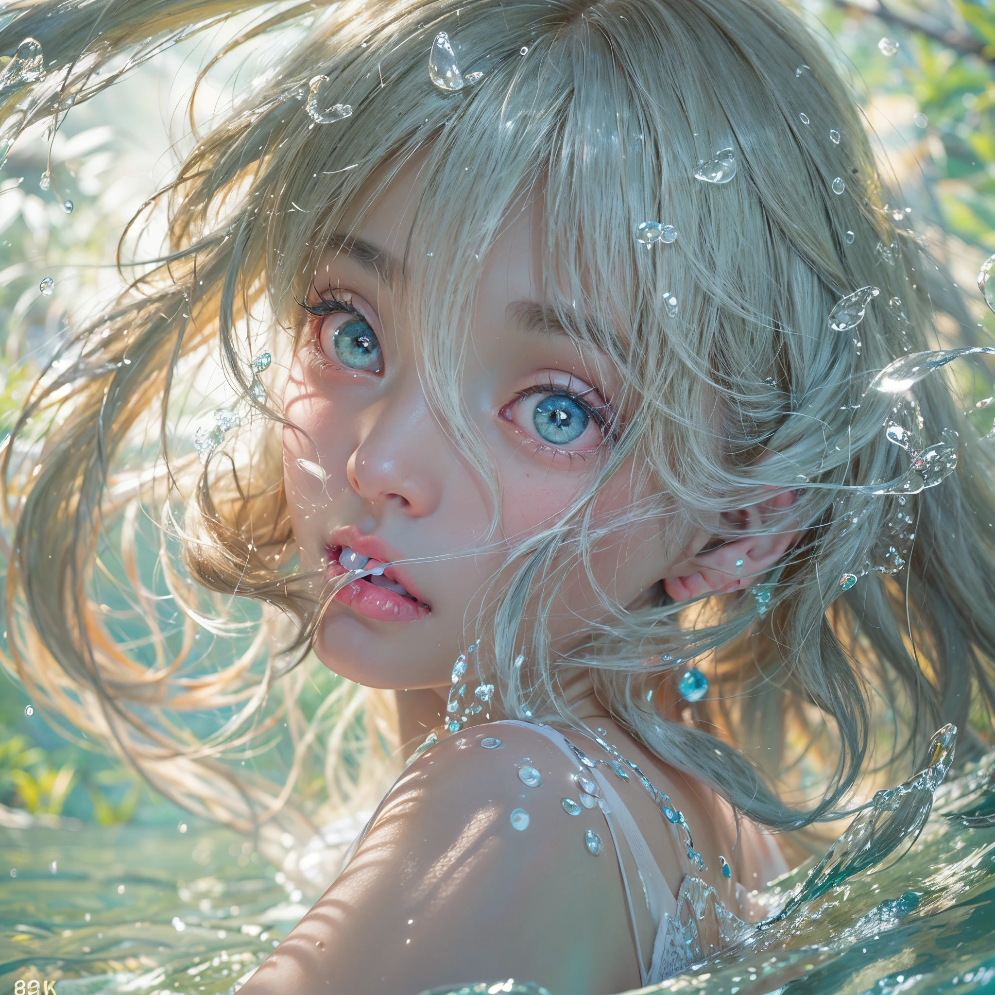 (8K, Original photography, Top image quality, masterpiece: 1.4), hyper HD, (Realistic, 真实感: 1.48), realisticlying, A high resolution, softlighting. Tiny Girls, girl jumping into the water、Falling、splash water、shout、Luminous water surface、White and Vivid colors, back lighting, glistening ivory skin, sparkling highlights, Detailed KAWAII face with cute lips, long eyelashes, Delicate clothes, Detailed open crotch, ((no extra limbs, corrected limbs)), Whole Body proportions and all limbs are anatomically accurate .