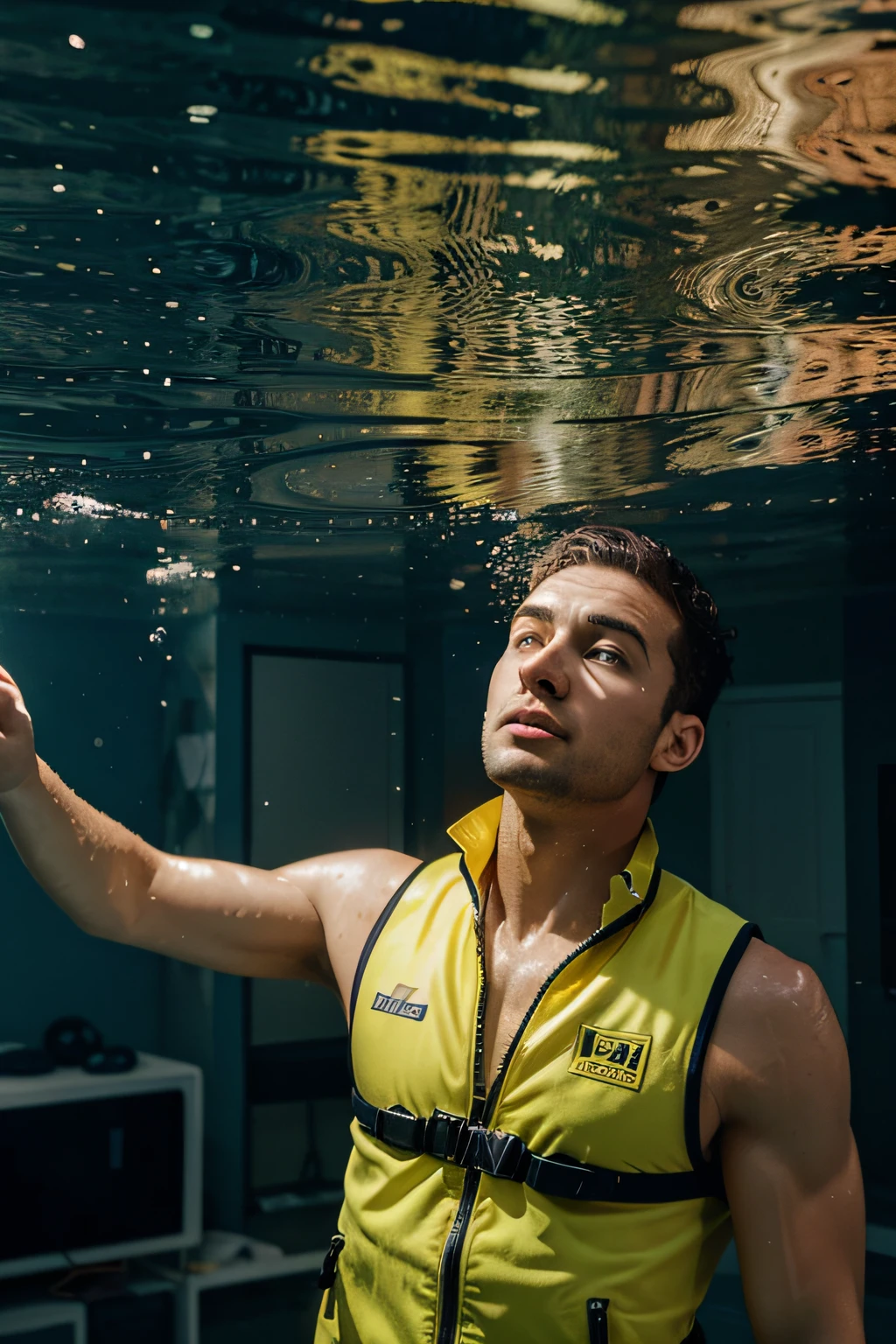 a man wearing a yellow rescue vest swimming underwater in an apartment, apartment underwater, hyper realistic