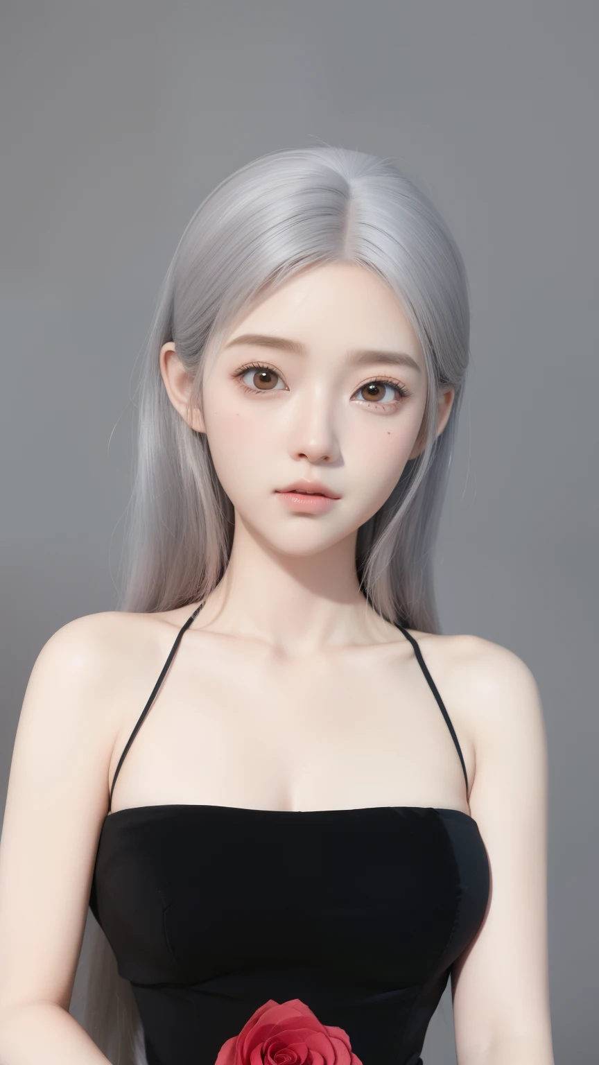 tem uma mulher com uma rosa no cabelo e um vestido preto, inspirado em Sim Sa-jeong, adolescente hiperrealista, anime semi realista, com o rosto muito detalhado, :9 rosto detalhado: 8, olhar de tristeza, Estilo anime 3D realista, anime estilo 3d, Anime detalhado soft face, kawaii retrato realista, Detailed realistic expressions