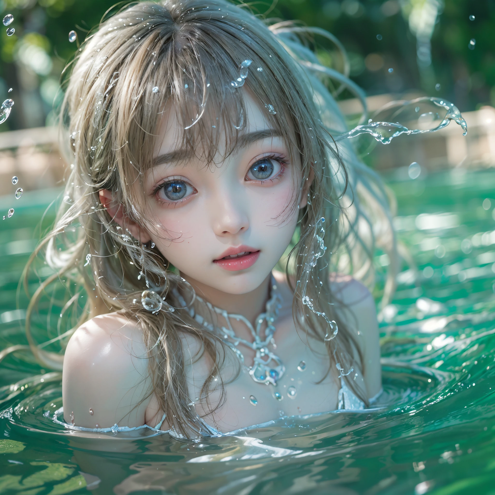 (8K, Original photography, Top image quality, masterpiece: 1.4), hyper HD, (Realistic, 真实感: 1.48), realisticlying, A high resolution, softlighting. Tiny Girls, girl jumping into the water、Falling、splash water、shout、Luminous water surface、White and Vivid colors, back lighting, glistening ivory skin, sparkling highlights, Detailed KAWAII face with cute lips, long eyelashes, Delicate clothes, Detailed open crotch, ((no extra limbs, corrected limbs))