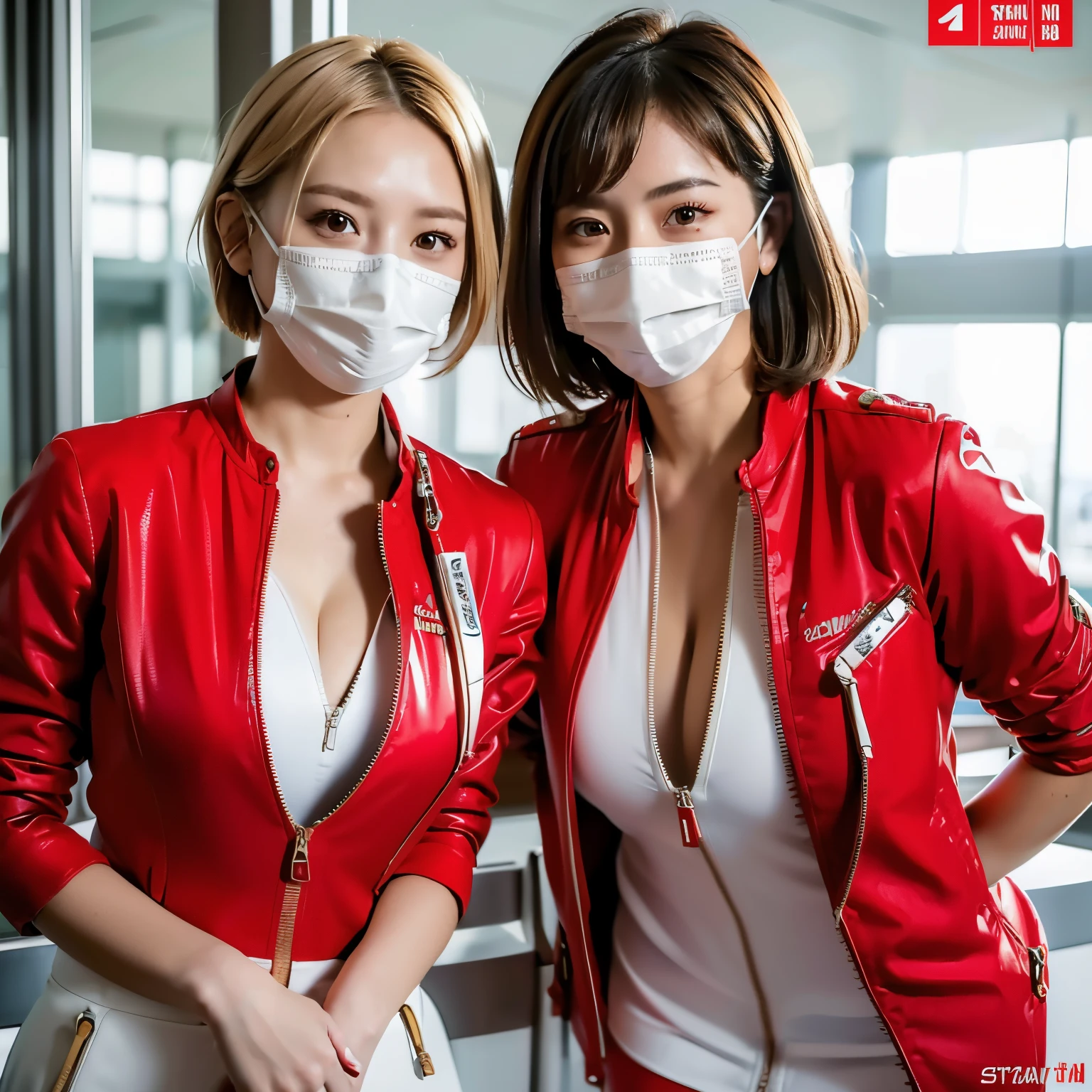 (masterpiece:1.2, Best Quality:1.2), 32K HDR, High resolution, (((Solo, 1girl in))), (Super realistic portraits of sexy and cute Japanese flight attendant, Ultra-realistic Air Asia stewardess uniform), 23 y-o woman, blonde hair, Bob Shorthair, ((((slant eyes))) (red jacket with zipper removed:1.1, Unbuttoned white shirt:1.05, Red mini skirt:1.1, Mask:1.15, Perfect slim body:1.1, gigantic cleavage:1.35), Detailed skin texture, Detailed face, Detailed eyes, (Leaning forward posture:1.5, in a realistic airport, realistic Kansai International Airport),
