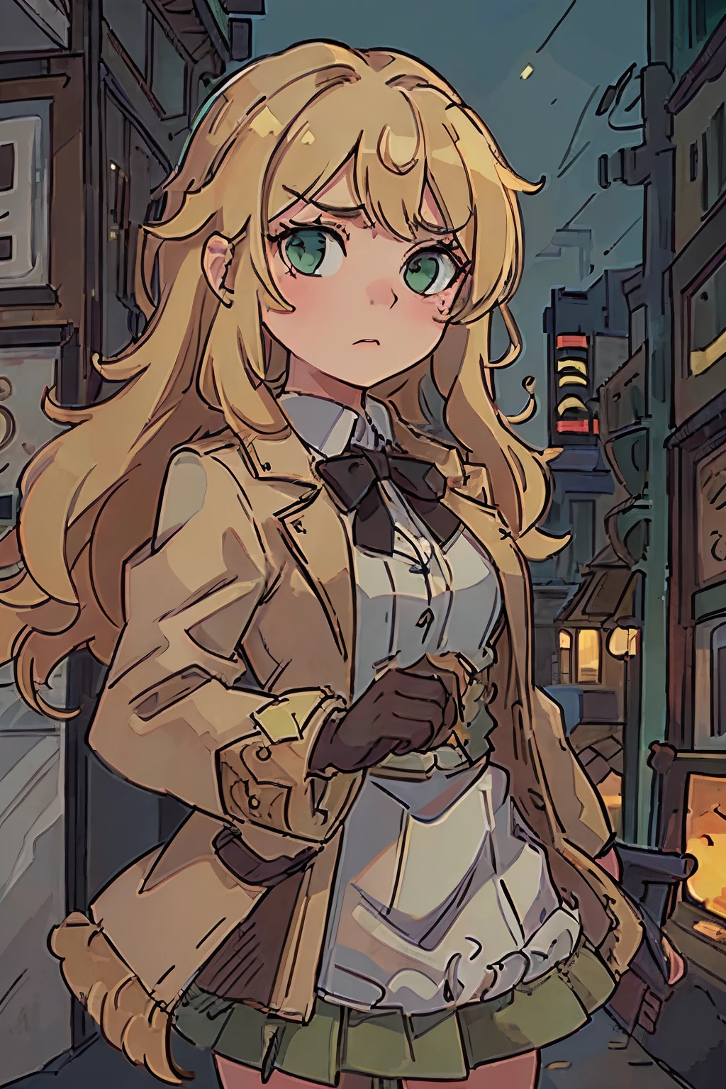 Masterpiece, best quality, 1girl, beautiful detailed eyes, finely detailed, blonde hair, lon wavy hair, green eyes, clothes: brown fur coat and skirt, use black gloves, serious face, city background