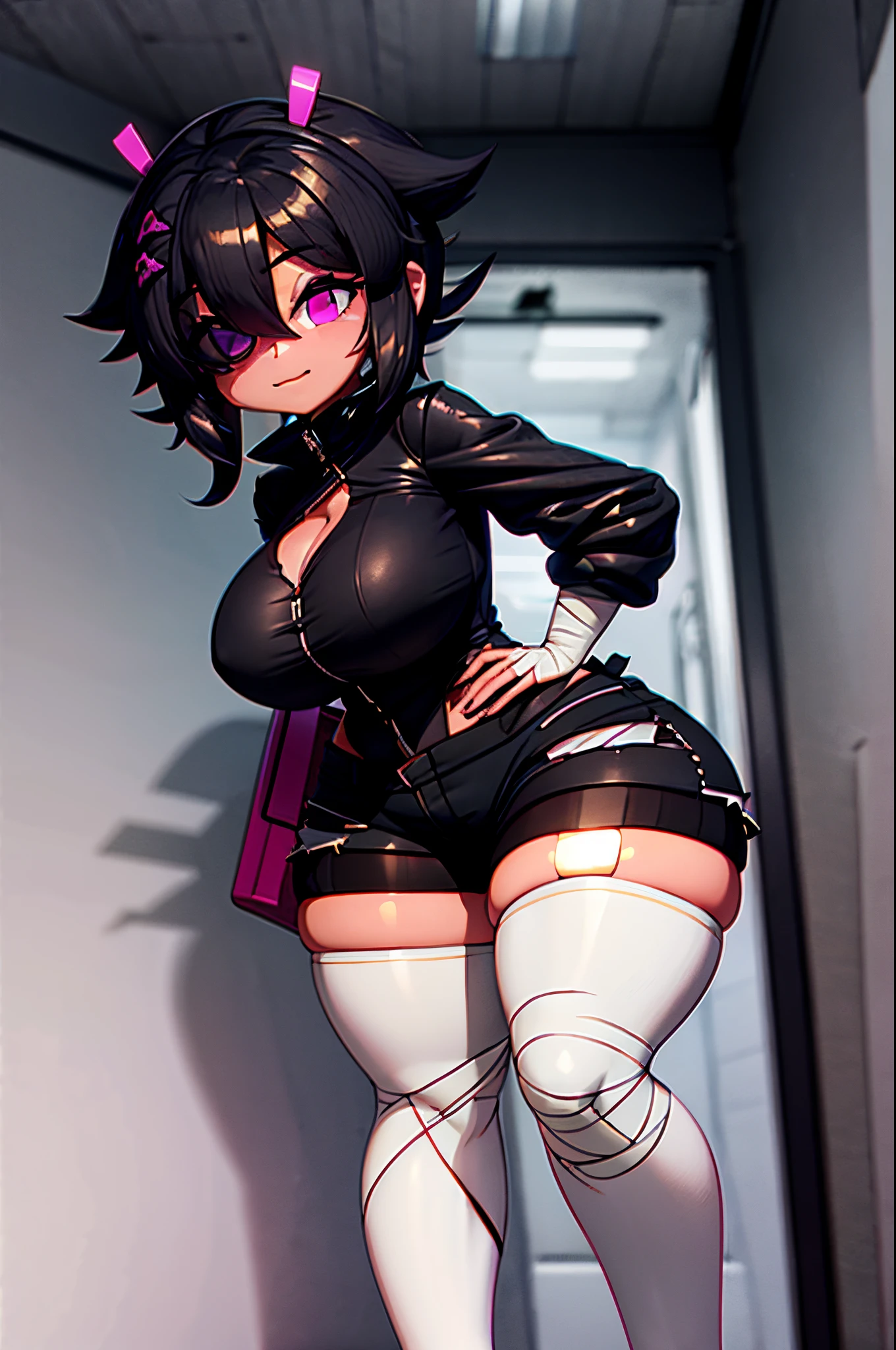 (best quality, masterpiece1.2), 1girl, solo, human, bandaged legs, 3d render, woman, sexy, thick thighs, stockings, pink eyes, one eye covered, standing, (bonfie), shorts, hair clips, nsfw, black hair,