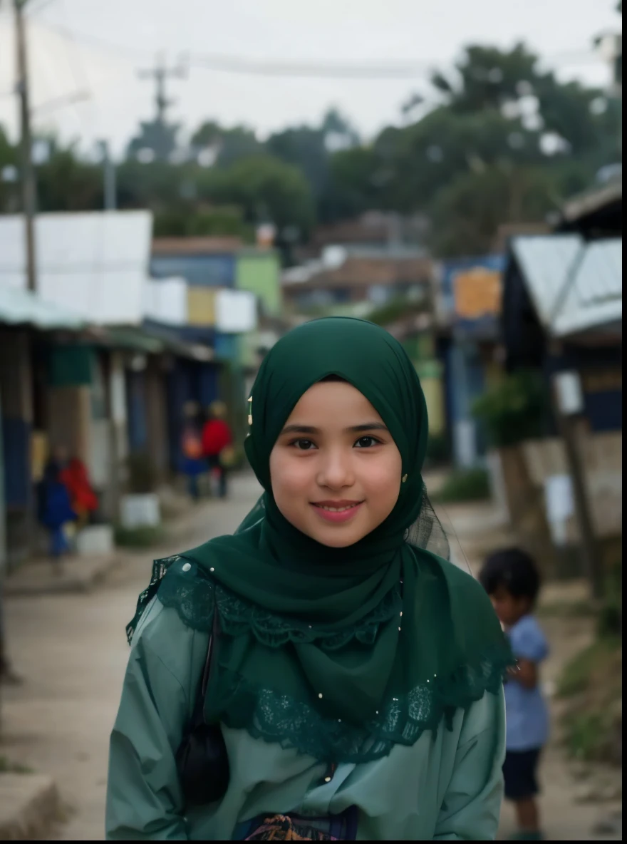 woman in green hijab holding a child in a street, protrait, full protrait, student, with kind face, she is smiling, potrait, faridah malik, picture, close up potrait, standing in a township street, in a street, zenra taliyah, friendly smile, she is smiling and happy, profile picture, very clear picture, old picture