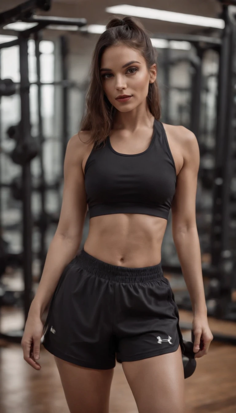 La misma modelo con un top negro y shorts ajustados, en el gimnasio aesthetic lights