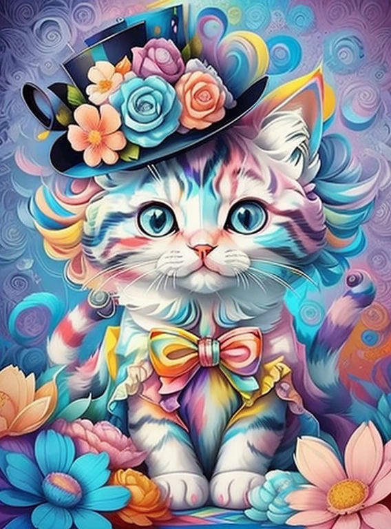 (cute  cat with pink top hat with flowers),(melhor pose),(best angle), (better expression), Eduardo Kobra acolchoamento ,multidimensional geometric wall PORTRAIT, arte, Chibi,
Yang08k, lindo, Colouring,
Primary works, qualidade superior, melhor qualidade, Arte Oficial, Beautiful and Aesthetic, pelos coloridos,