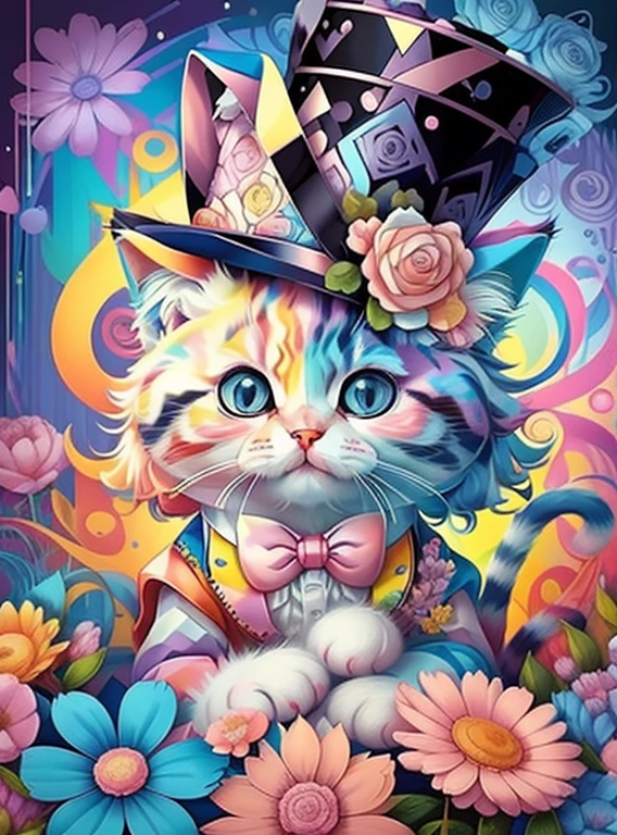 (cute baby cat with pink top hat with flowers),(melhor pose),(best angle), (better expression), Eduardo Kobra acolchoamento ,multidimensional geometric wall PORTRAIT, arte, Chibi,
Yang08k, lindo, Colouring,
Primary works, qualidade superior, melhor qualidade, Arte Oficial, Beautiful and Aesthetic, pelos coloridos,