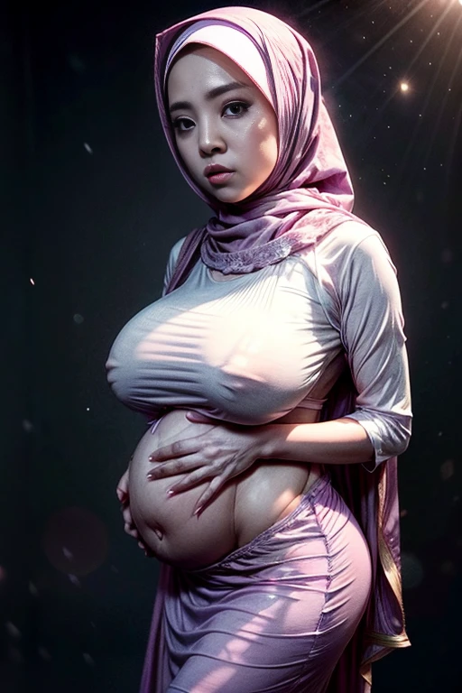 1 malay girl pregnant 9 month modern plain hijab, shy, medium portrait shot , watery eyes , big eyes, pink glowing particles, wearing baju kebaya pastel light lilac, (( big breast)), lilac light bokeh background, proportional body,full body