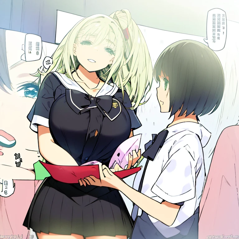 2 meninas segurando um menino de 15 anos，female high-school student，Uniforme de estudante branco，Enorme teto，sorriso，Ser vermelho no rosto