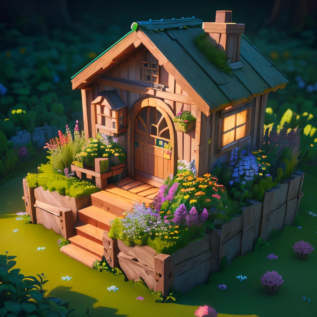 (isometric 3D),(masterpiece),  (extremely detailed CG unity 8k wallpaper), (best quality), (best illustration), (best shadow),
a cute ,A round turnip hut covered with moss
,octane render,ray tracing,ultra detailed, beautiful garden, flowers,
