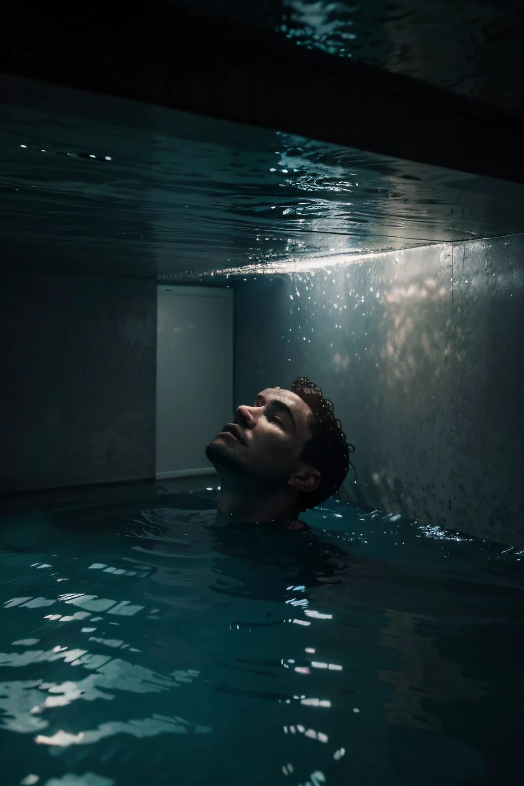 a man swimming in a underwater apartment, very calm face, the water is so high in the apartment that the man touches the roof of the apartment, he has water up to his neck, appartment underwater, dark light, hyper realistic