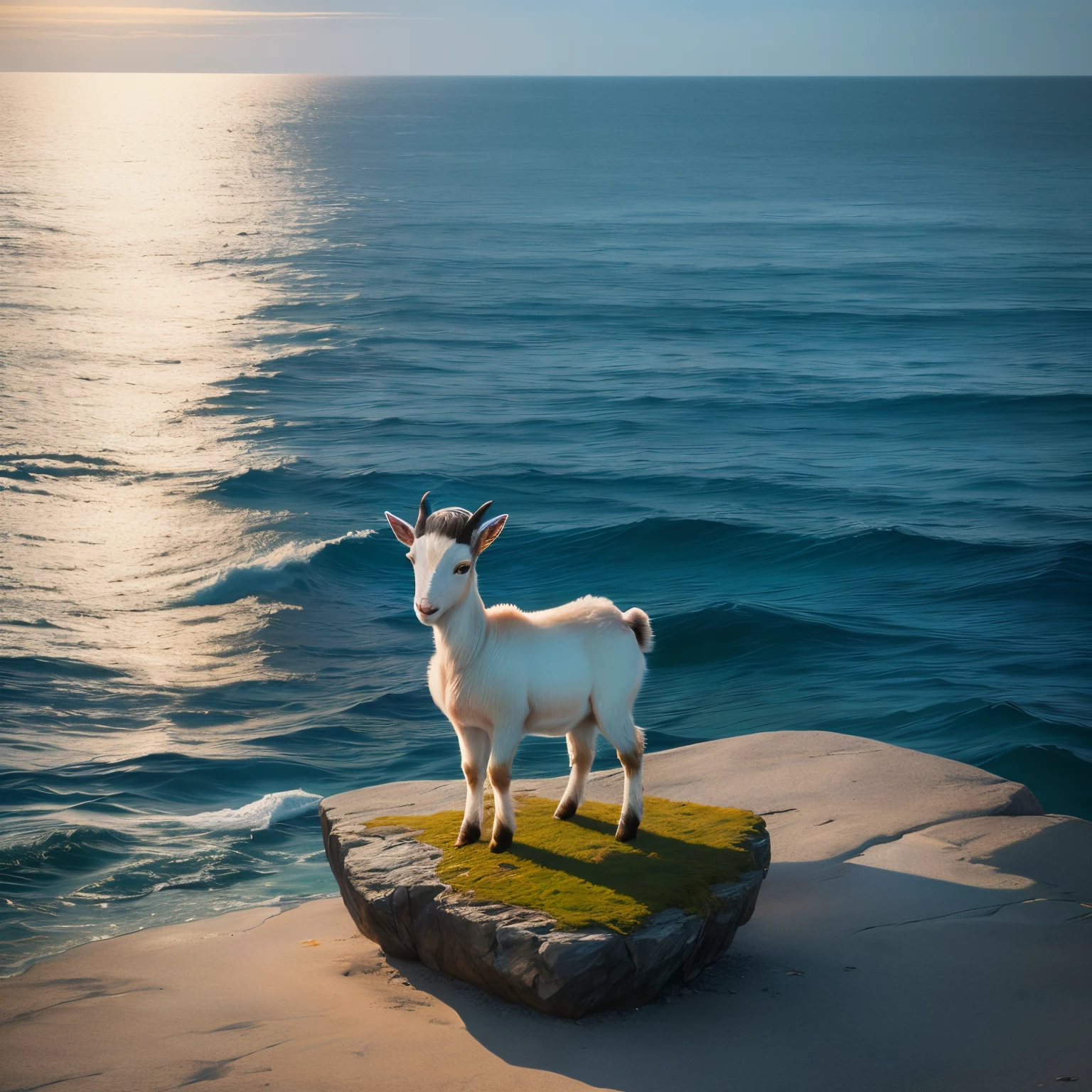 A baby goat on a rock in the middle of the ocean scared