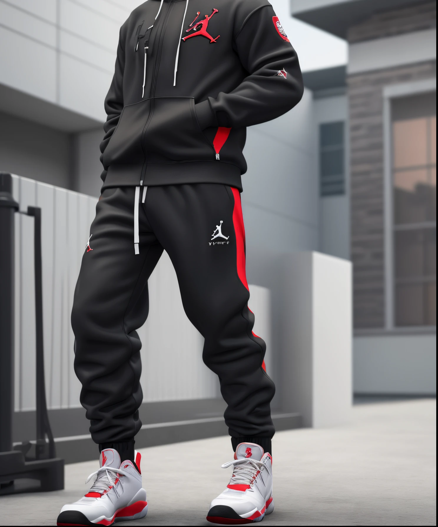 create four, 3d hyper realistic models, Wearing "FIRSTREACTION" sweatsuits,  wearing random colored Jordan 9's, 8K resolution