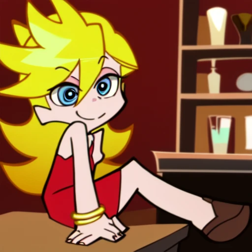 Panty Anarchy, Long Hair, Blonde Hair, Blue Eyes, Light Smile, Bare Neck, Bare Shoulders, Little Redd Dress, Short Red Dress, Golden bracelet, Sexy Poses, Bar Background.